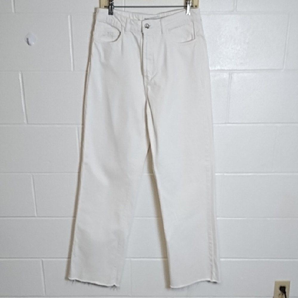 Cotton DenimJeans Wide Straight Leg Raw Hem High Waist